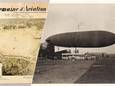 Het origineel plan van de Antwerpse Vliegweek in 1909 gaat onder de hamer.  / Rechts: het hoogtepunt van het beruchte evenement: een zeppelin wordt uit de hangar naar buiten gebracht.