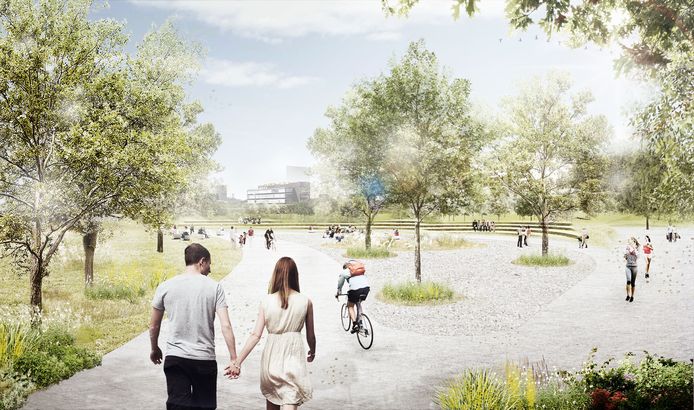 Een beeld van de 'Luchtbal Natuurtuinen' in het toekomstige Ringpark Groenendaal.