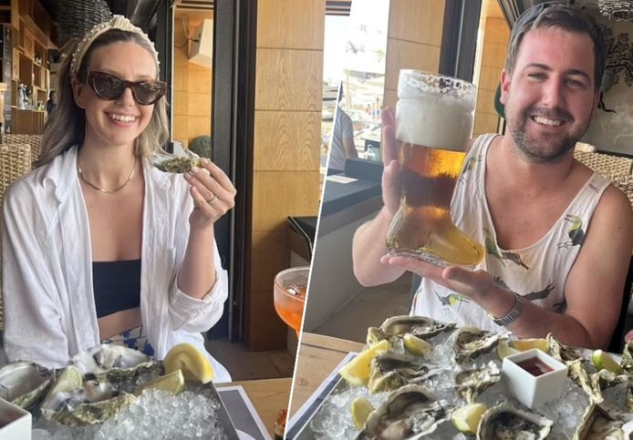 Alex en Lindsay Breen in restaurant DK Oyster op het Griekse eiland Mykonos. Toen beseften ze nog niet wat voor rekening er boven hun hoofd hing.