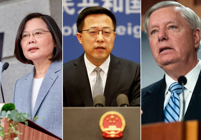 President van Taiwan Tsai Ing-wen, de woordvoerder van het Chinese ministerie van Buitenlandse Zaken Zhao Lijian en Amerikaanse senator Lindsey Graham