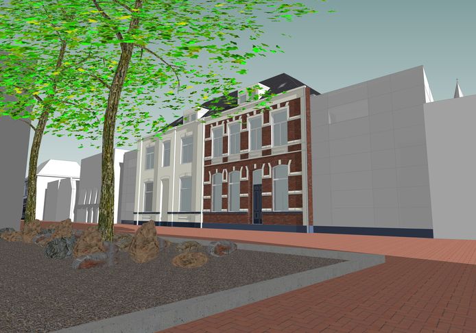 Het vooraanzicht, pal tegenover het Muziekcentrum.