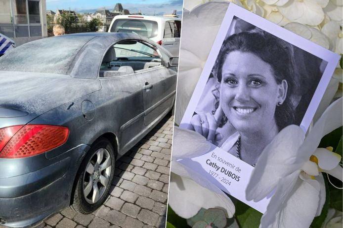 De auto van Cathy Dubois (46). Rechts het gedachteniskaartje dat uitgedeeld werd tijdens haar begrafenis.