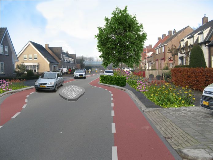 Zo komt de doorgaande route in Zevenbergschen Hoek er straks uit te zien. Doel: dorpskom onaantrekkelijk maken voor sluipverkeer.