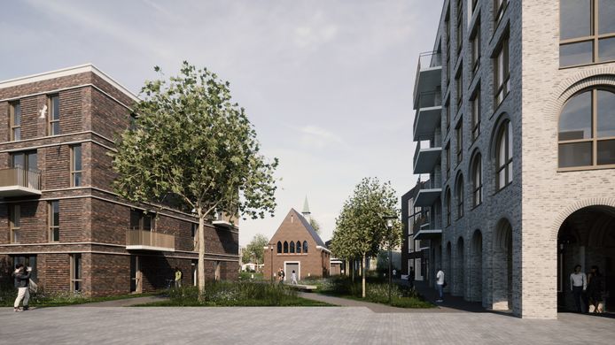 Impressie van de nieuwbouw op de plek van Savant-woonzorgcentrum Alphonsus in Mierlo-Hout. Zicht op de kapel vanaf de Hoofdstraat.
