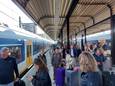 Door de uitvallende treinen, is het zeer druk op de perrons van het NS-station in Woerden.