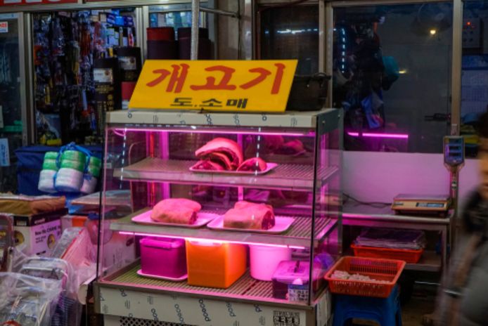 Beeld ter illustratie. Een Koreaanse winkel waar hondenvlees wordt verkocht.