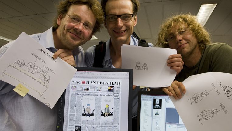 Het tekentrio John Reid, Bastiaan Geleijnse en Jean-Marc Van Tol (van links naar rechts) van Fokke & Sukke. © anp Beeld 