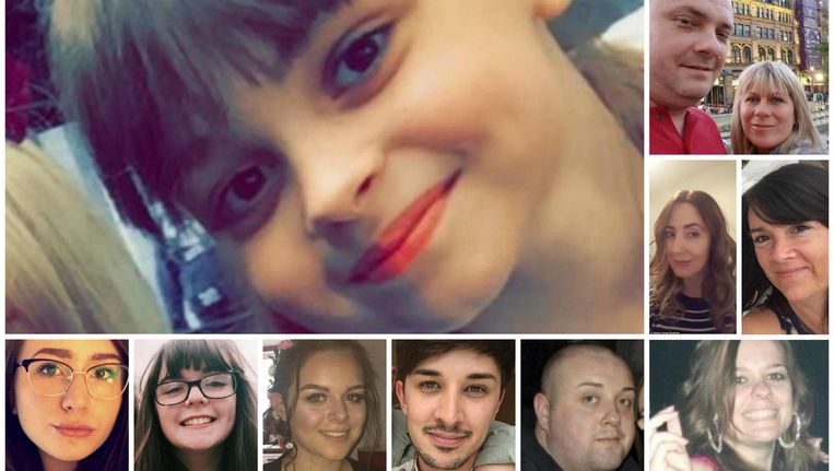 Saffie Rose Roussos (groot beeld en dan in wijzerzin van rechtsboven naar linksbeneden), Angelika en Marcin Klis, Alison Howe en Lisa Lees, Kelly Brewster, John Atkinson, Martyn Hett, Olivia Campbell, Georgina Callander en Nell Jones. Beeld rv