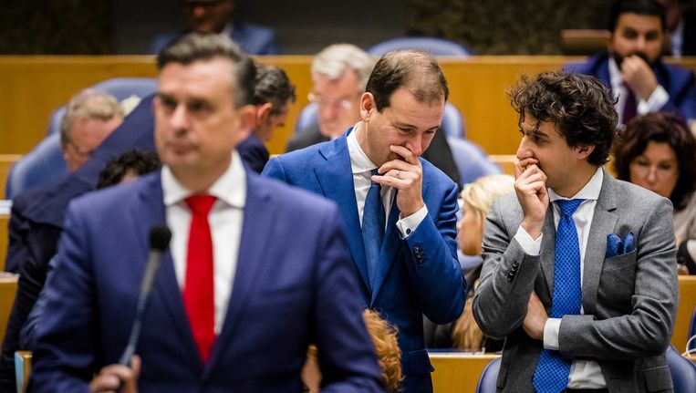 mile Roemer (SP), Lodewijk Asscher (PVDA) en Jesse Klaver (Groenlinks) tijdens het Kamerdebat over de regeringsverklaring. Beeld anp