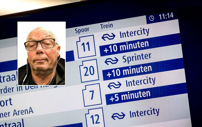 Een bord met vertraging op Utrecht CS. Inzetje: Reiziger Jos DeBeij.