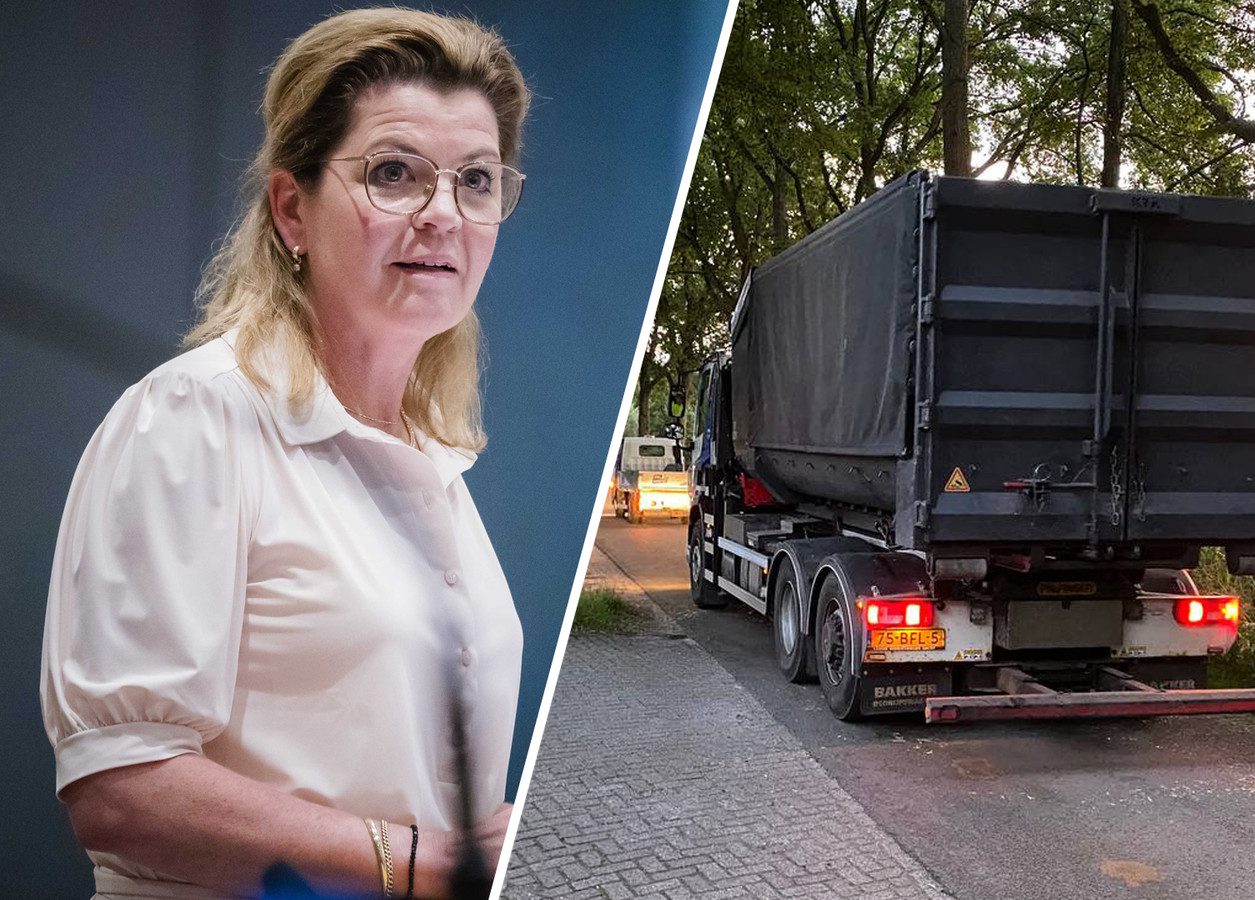 Links: minister Christianne van der Wal (VVD). Rechts: Een vrachtwagen van de gemeente heeft de blokkade van strobalen voor haar deur opgeruimd.