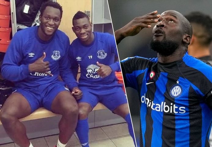 Links: Lukaku met Atsu bij Everton, rechts: 'Big Rom' wijst naar de hemel na zijn goal.