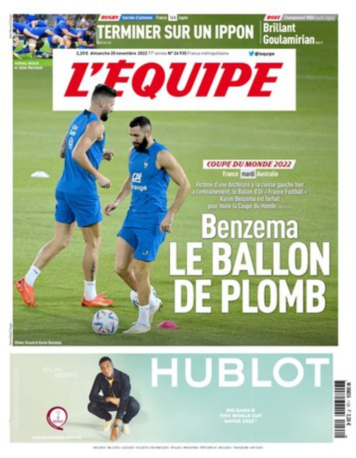 De cover van L'Équipe: "Le Ballon de Plomb".