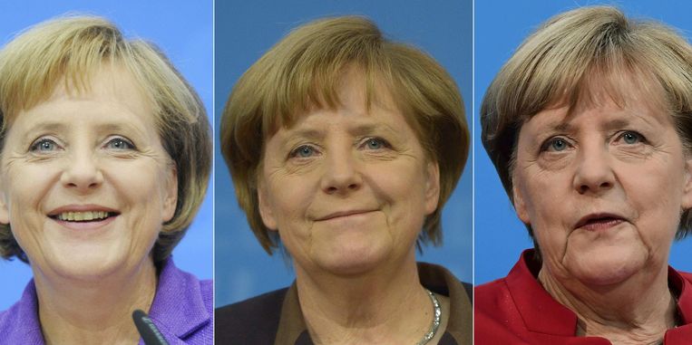 Angela Merkel in 2005, 2009, 2013 en 2016 in Berlijn. Beeld afp