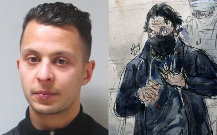 Salah Abdeslam toen hij nog op vrije voeten was (links), en een schets van in de rechtbank.