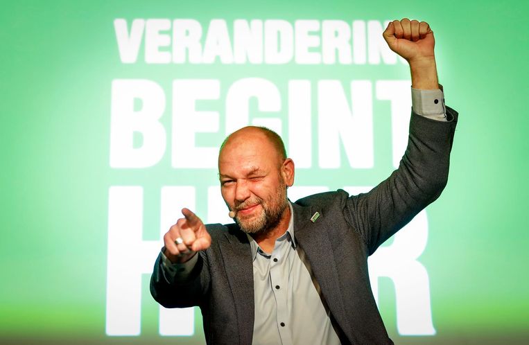 Rutger Groot Wassink van GroenLinks na zijn verkiezingswinst Beeld anp