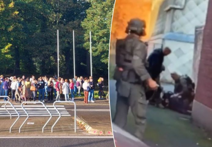 Geëvacueerde studenten van Vives in Kortrijk, beeld van de arrestatie van de 18-jarige