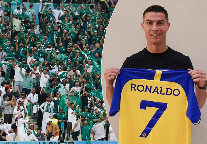 Links: Saudische fans toonden zich op het WK als ambassadeurs van een voetbalgekke natie.
Rechts: Ronaldo met het shirt van Al-Nassr.