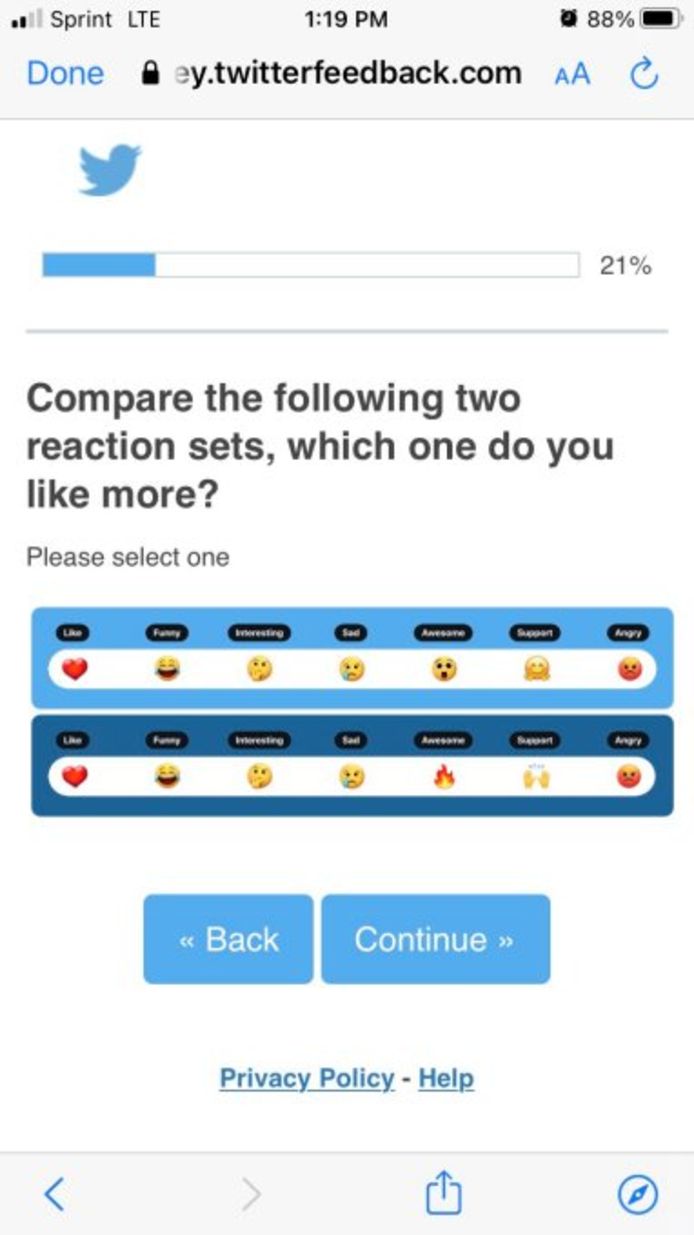 Screenshot van het gebruikersonderzoek van Twitter over emoji's als reacties.