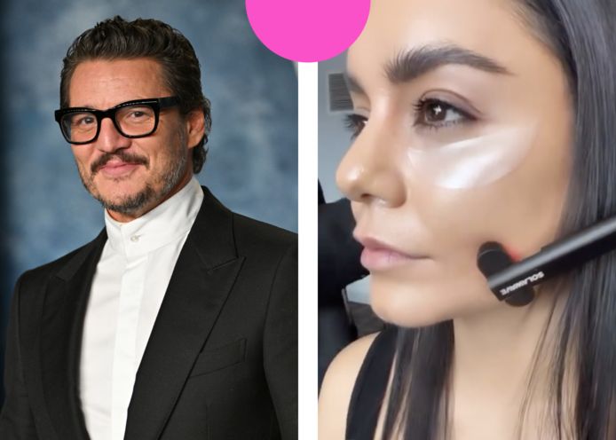 Rechts: Vanessa Hudgens die zich prept voor de Oscars met de Solawave. Links: acteur Pedro Pascal, hij gebruikt de Solawave ook.