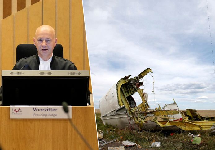 Fotomontage. Links: rechtbankvoorzitter Hendrik Steenhuis. Rechs: een stuk van het wrak van MH17.