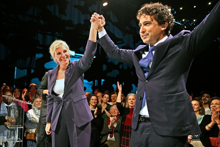 Attje Kuiken en Jesse Klaver, zaterdag in de Brabanthallen. Beeld Guus Dubbelman / de Volkskrant
