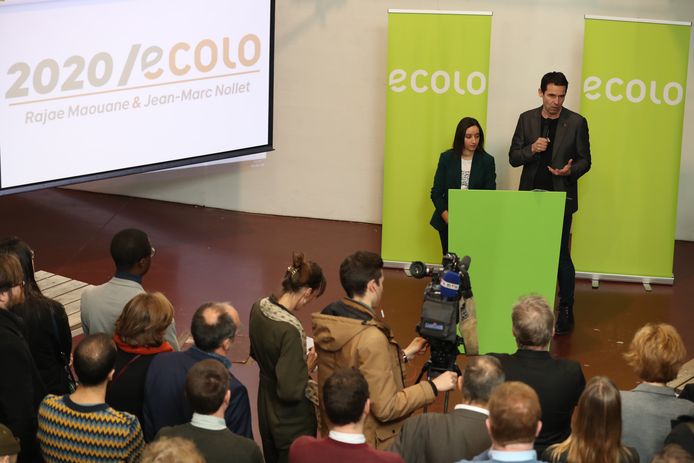 Ecolo-co-voorzitters Jean-Marc Nollet en  Rajae Maouane vanmiddag op de nieuwjaarsreceptie van hun partij.