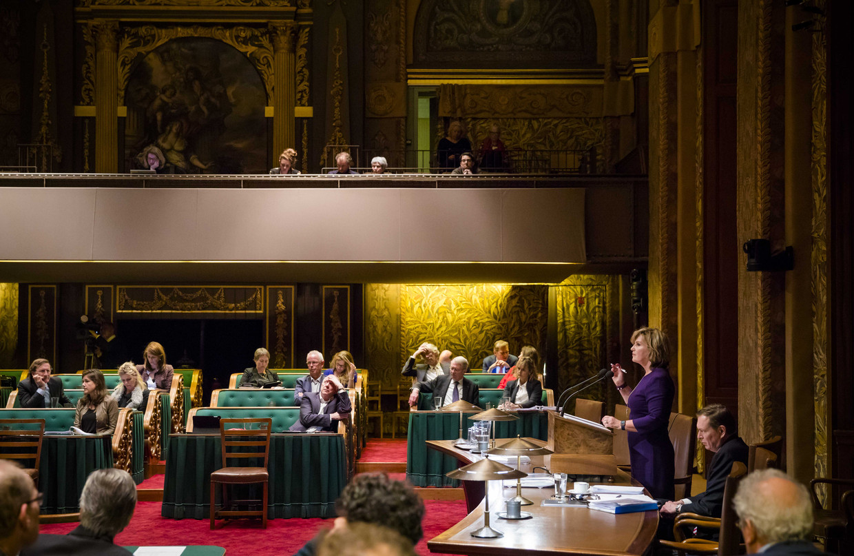Pia Dijkstra (D66) spreekt eind januari tijdens het debat in de Eerste Kamer over het initiatiefvoorstel om een actief donorregistratiesysteem in te voeren. Beeld ANP