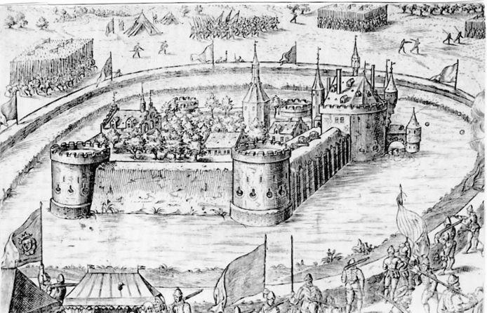 Een tekening van het beleg van het kasteel van Wouw in 1583.