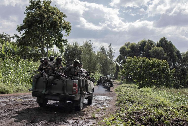 Soldaten van M23, hier na hun overgave van het kamp van Rumangabo in het oosten van Congo, januari.  Beeld AFP