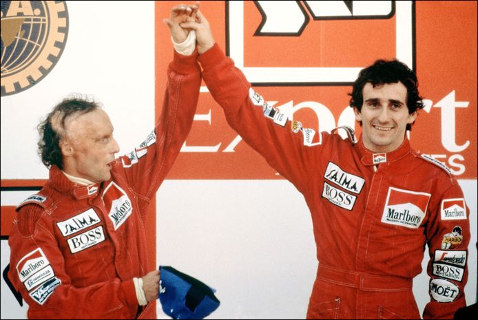 Alain Prost, hier rechts van Niki Lauda, is volgens Jordan de beste F1- rijder aller tijden.