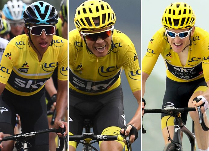 Vlnr, de drie Sky-Ineos-geletruidragers van de laatste jaren: Egan Bernal, Chris Froome en Geraint Thomas.