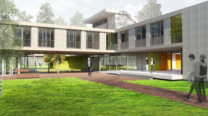 Ontwerp voor houten nieuwbouw paviljoen Pannenhoef op Eikenburg in Eindhoven.