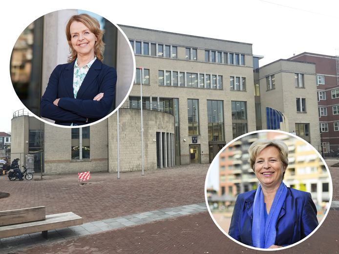 Trijntje van Es (linksboven) is kritisch op een online bijeenkomst, die wordt ingeleid door waarnemend burgemeester Annemiek Jetten (rechtsonder). Op de achtergrond : het raadhuis van Papendrecht.