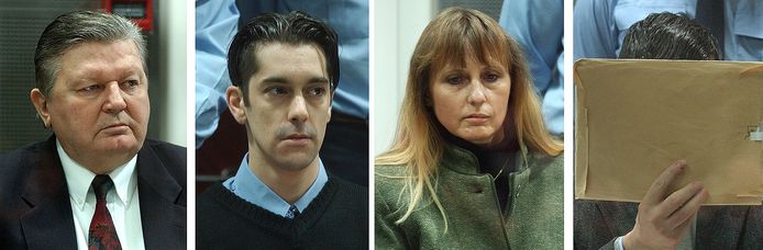 Michel Nihoul, Michel Lelievre , Michelle Martin en Dutroux tijdens het proces in 2004.