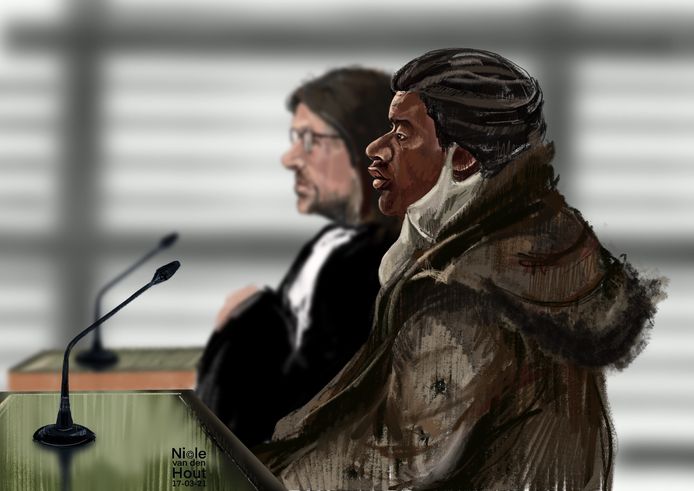 Rechtbanktekening van de verdachte Osmair R. tijdens de eerste zitting op 17 maart.