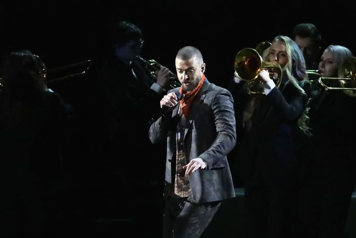 Justin Timberlake tijdens zijn optreden in de Half-Time tijdens de Superbowl.