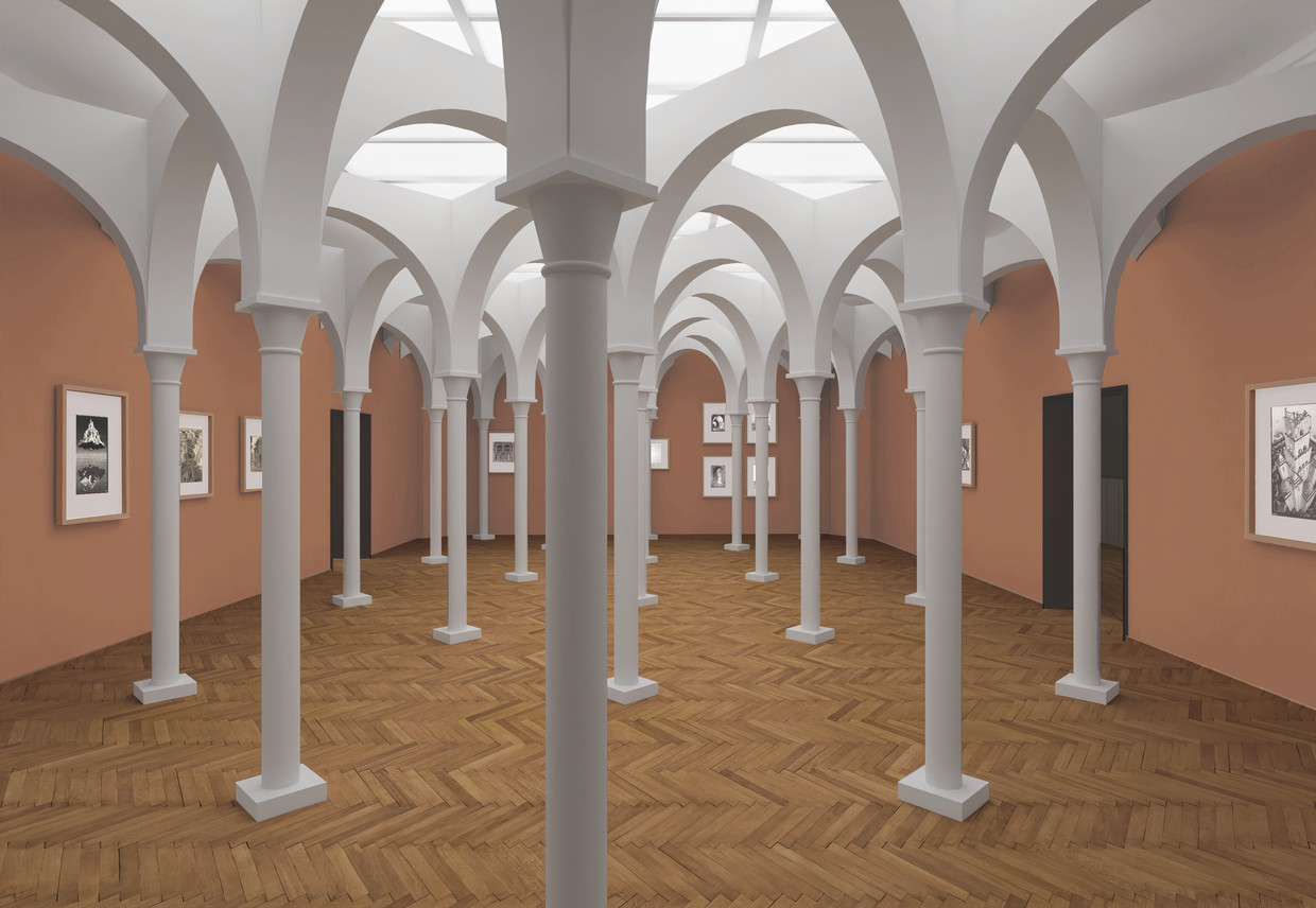 Impressie van installatie en prenten van de tentoonstelling ‘Escher, andere wereld’.

