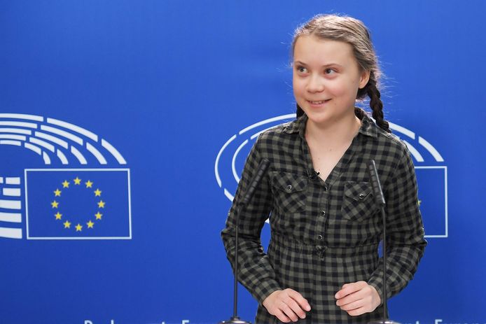 De 16-jarige Greta Thunberg vandaag in het Europees Parlement.