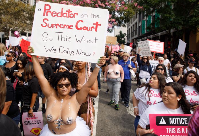 epa07074971 Marchers react to the US Senate vote on the Supreme Court nomination of Brett Kavanaugh during the 'Amber Rose SlutWalk' in Los Angeles, California, USA, 06 October 2018. This is the fourth year of the gender inequality awareness event led by the glamour model. Media reports on 06 October 2018 that the US Supreme Court nominee Brett Kavanaugh has been elected to the Supreme Court by the US Senate that voted in favour 50 to 48.  EPA/EUGENE GARCIA
