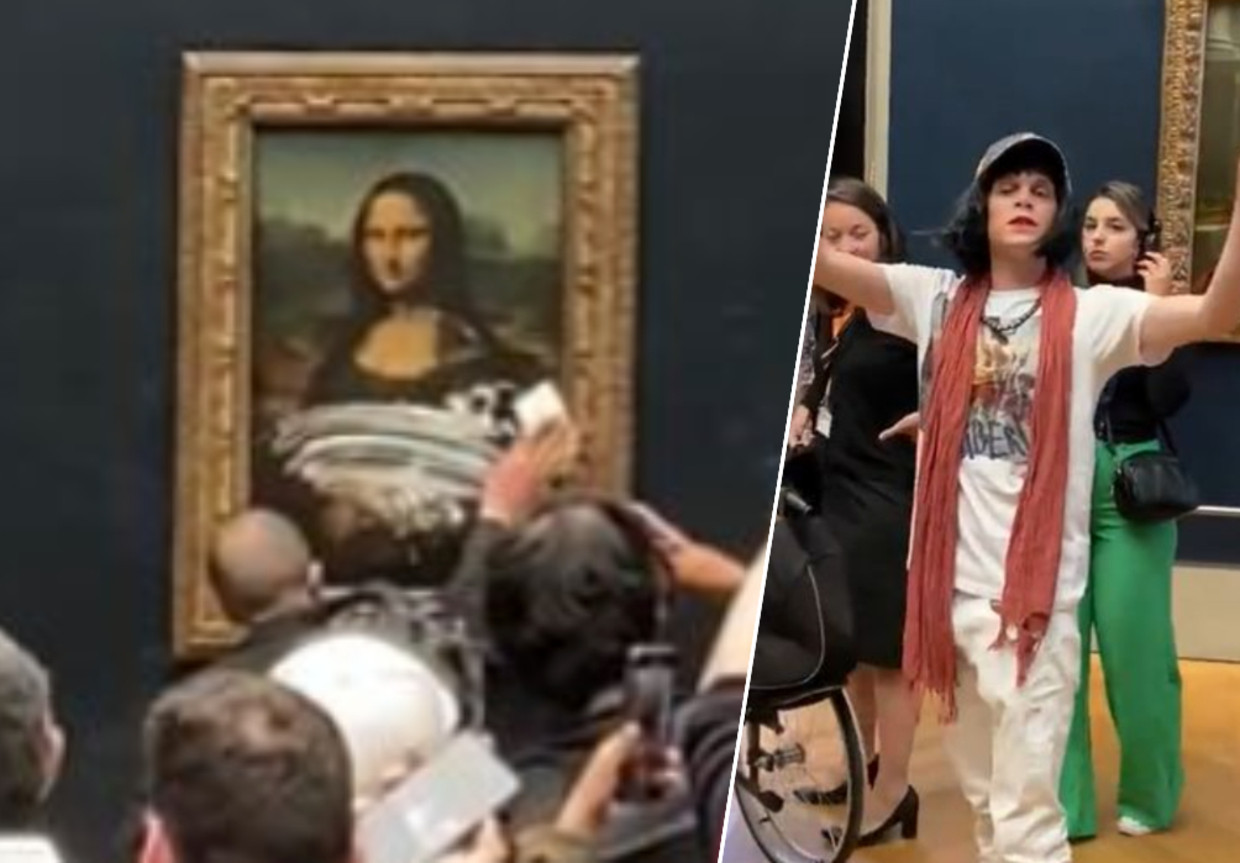 The man on the right attacked the Mona Lisa with a cake.  He only managed to distort the glass display case.  RV photo, Twitter