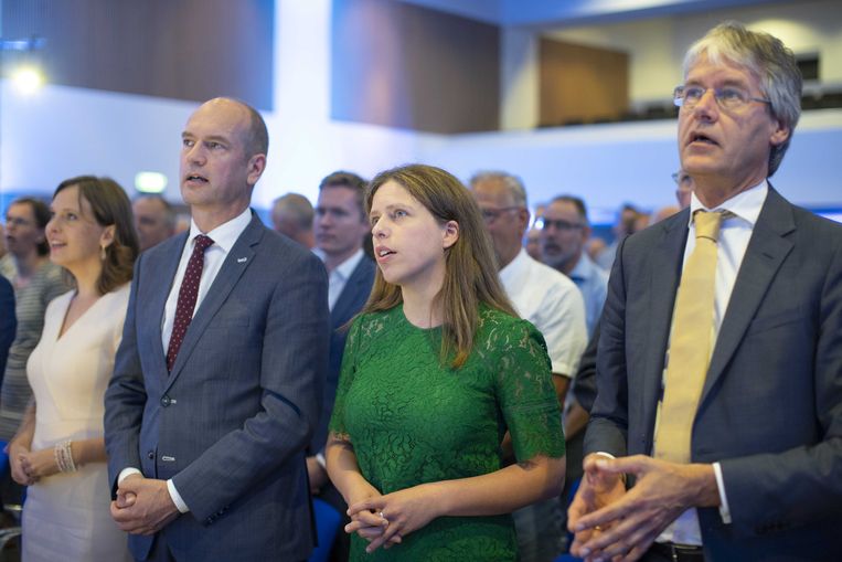 Partijleider Gert-Jan Segers en ministers Carola Schouten en Arie Slob tijdens het partijcongres van de ChristenUnie in 2018.  Beeld ANP