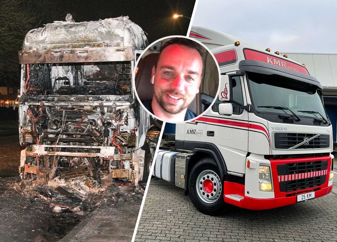 Links: de uitgebrande vrachtwagen van Jur Visser, rechts: zijn nieuwe trots.