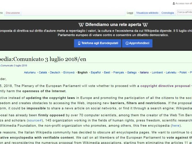 Wikipedia in 7 talen offline uit protest tegen Europese internetwetgeving