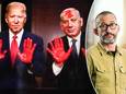 Links: Biden en Netanyahu, die met bebloede handen afgebeeld staan op een affiche waarmee in de VS geprotesteerd wordt tegen de oorlog. Rechts: onze buitenlandjournalist Guy Van Vlierden.