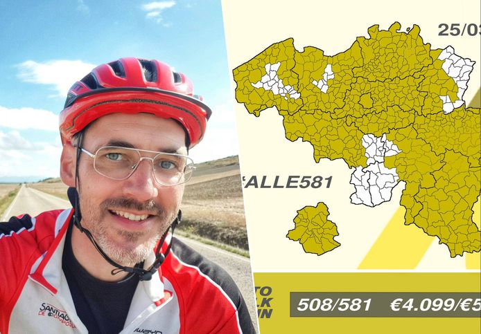 Dirk Vandervelden wil tegen augustus van dit jaar alle 581 gemeenten van België doorkruist hebben met de fiets om geld in te zamelen voor To Walk Again.