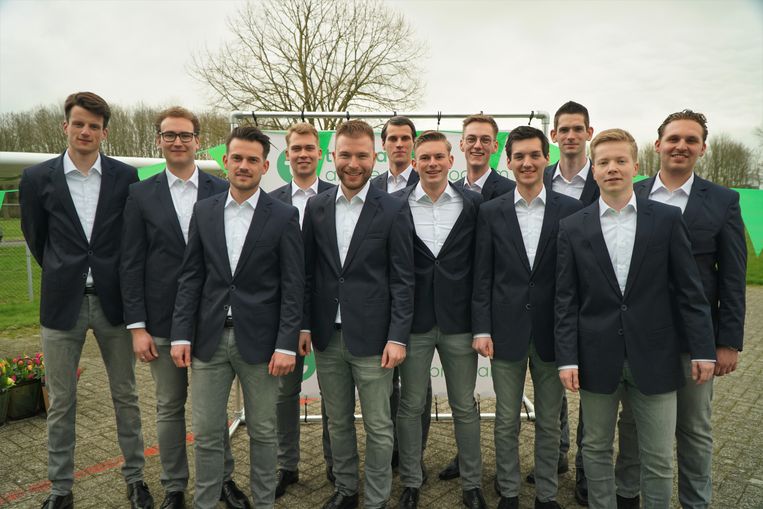 Het 'klasje van 2019' van de pilotenopleiding van Transavia. Allemaal mannen tussen de 20 en 31 jaar oud. Vrouwen hadden wel gesolliciteerd, maar er zaten geen geschikte kandidaten tussen, aldus Transavia. Beeld Transavia