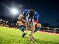 Mawouna Amevor, aanvoerder van FC Eindhoven, verslagen en teleurgesteld kort na de uitschakeling in de play-offs.