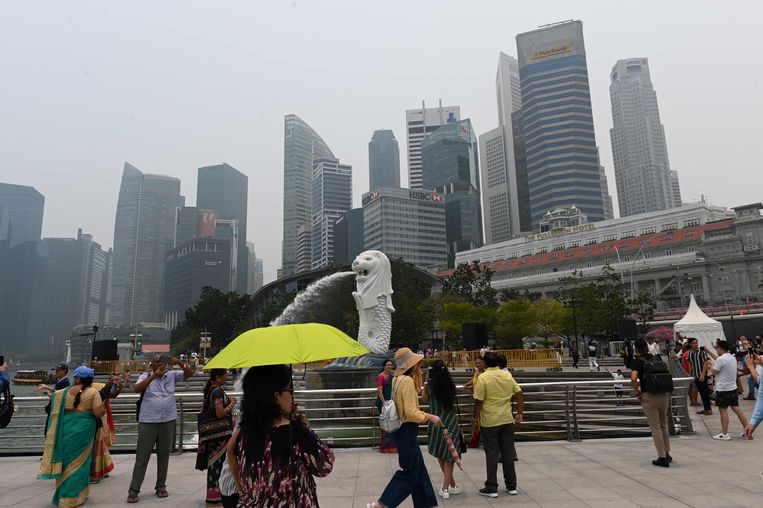 Mensen in Merlion Park in Singapore. Beeld AFP