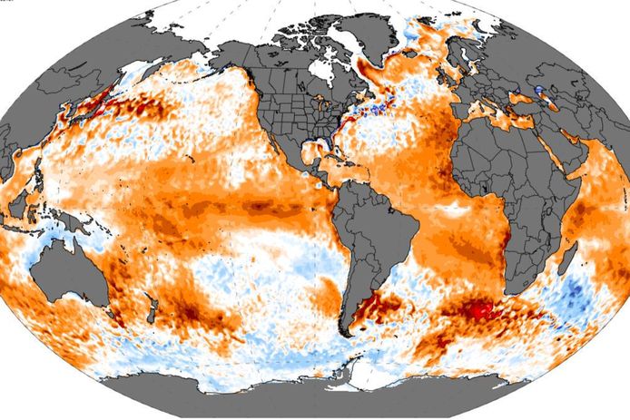 Vooral de Atlantische Oceaan en de Stille Oceaan rond de Evenaar zijn momenteel veel warmer dan normaal. Rond Antarctica is het zeewater iets koeler dan normaal.